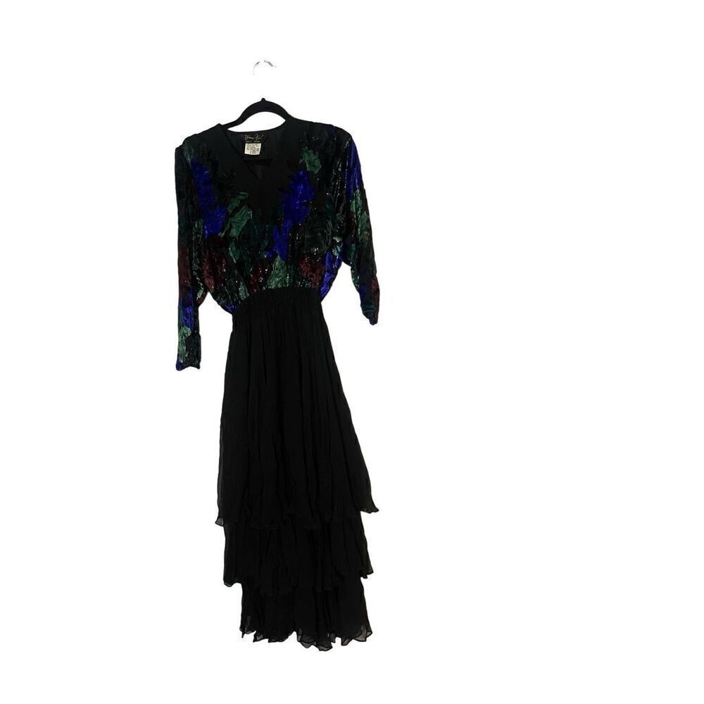 Vintage Diane Freis Limited Edition Silk Maxi Ruffles Tiered Dress Black Colorfu